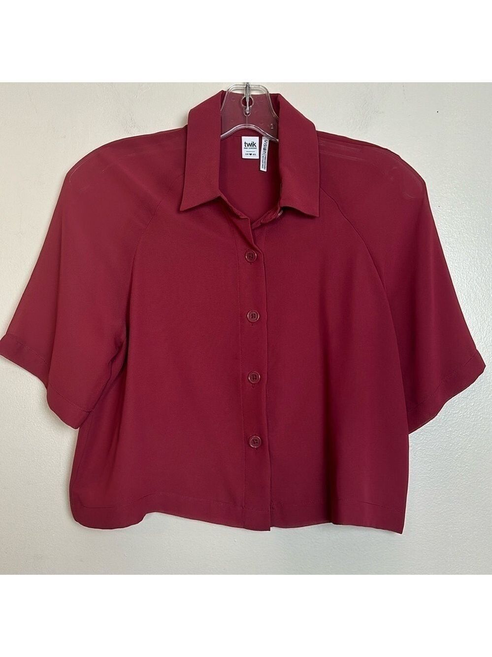 Simons Twik Relaxed Fit Sheer Sleeve Cropped Boxy.Flowy Button Up Top in Rust